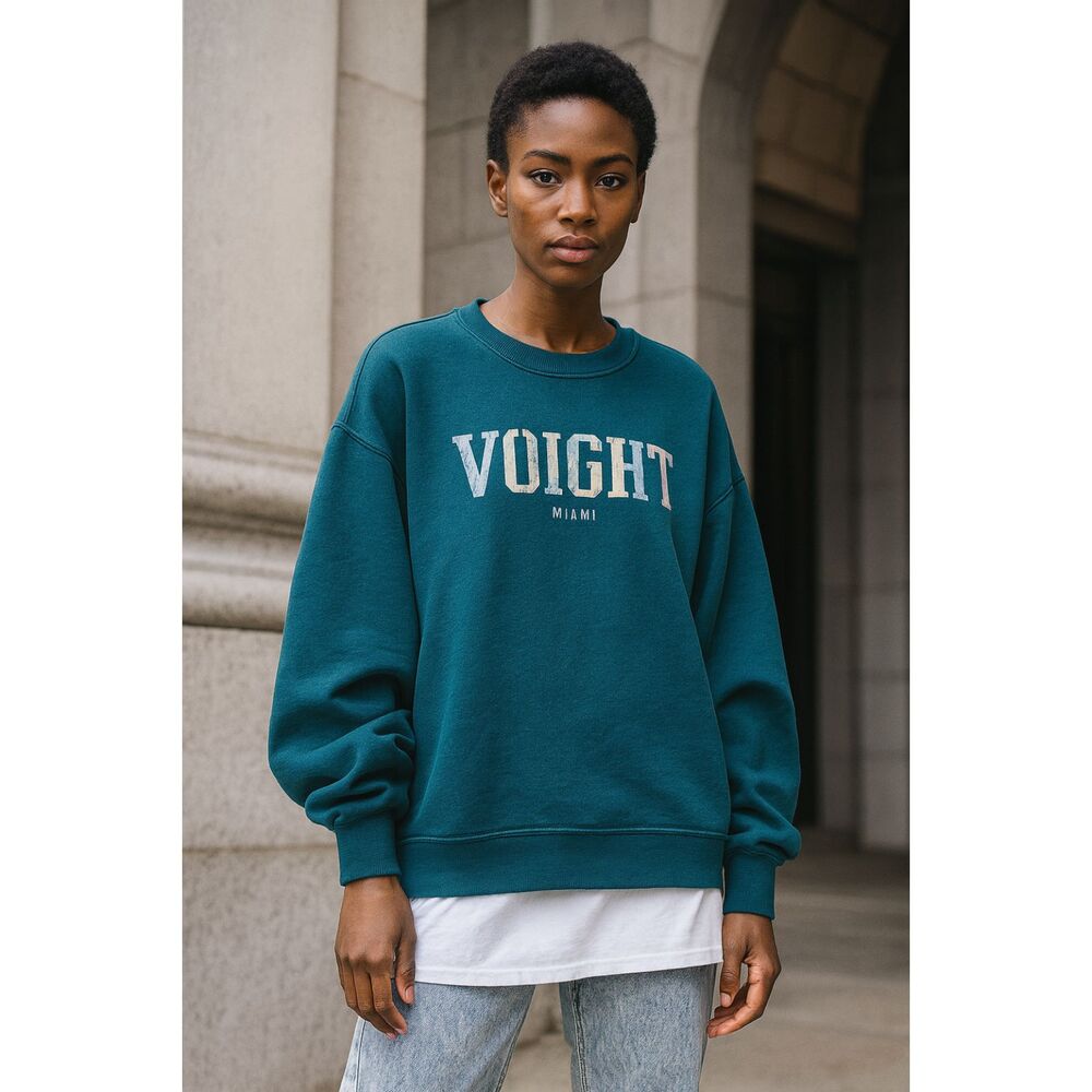 Voight By Valentina Miami Embroidered Teal Unisex Crewneck Sweatshirt M NWOT